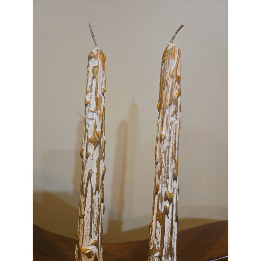 Pair VTG Mid Century 12" Faux Melting Wooden Taper Candles Gold/White Drippy - Picture 2 of 7